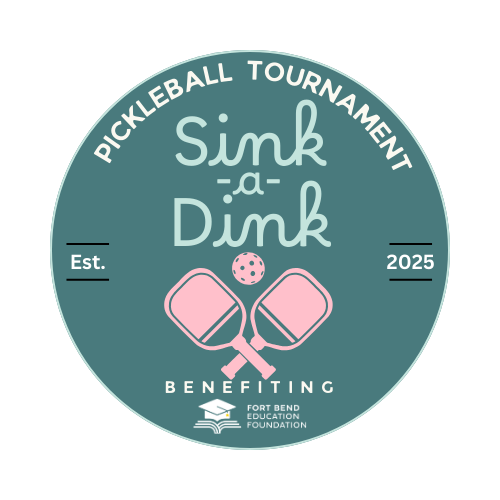 A round blue and white logo with white text and pink paddles
